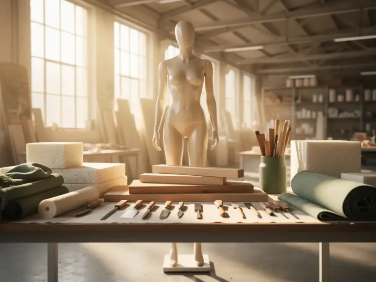 Modern retail mannequin in a sunlit European factory workshop surrounded by sustainable materials and sculpting tools on a clean workbench.